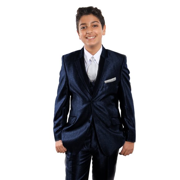 Boys Sharkskin 5-Piece Dark Navy Suit Set by Tazzio - Picture 1 of 2